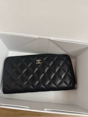 CHANEL Black Quilted Caviar Leather Zip Around Wallet with Silver CC